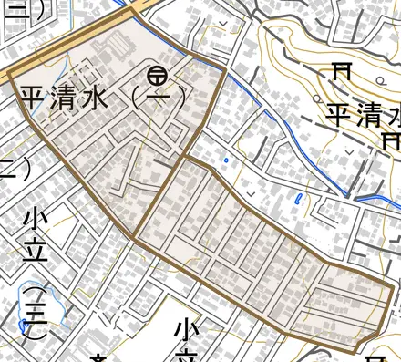 平清水とその周辺の地図。町の範囲を重ねている