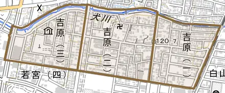 吉原とその周辺の地図。町の範囲を重ねている