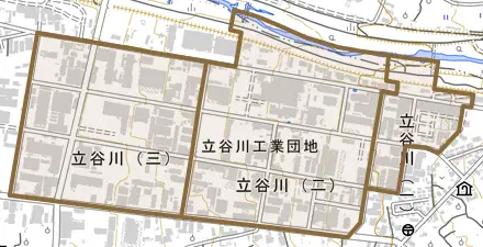 立谷川とその周辺の地図。町の範囲を重ねている