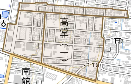 高堂とその周辺の地図。町の範囲を重ねている