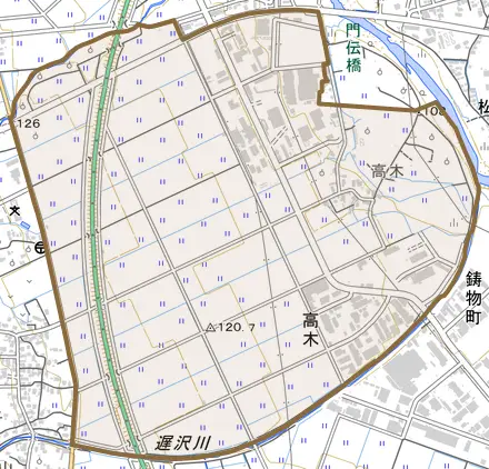 高木とその周辺の地図。町の範囲を重ねている
