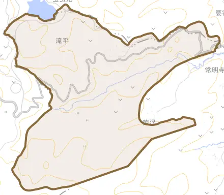 大字滝平とその周辺の地図。町の範囲を重ねている