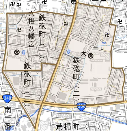 鉄砲町とその周辺の地図。町の範囲を重ねている