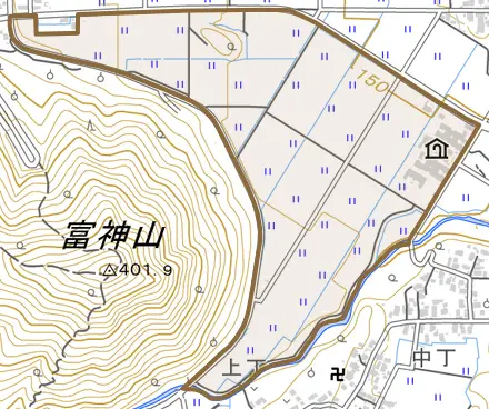 富神前とその周辺の地図。町の範囲を重ねている