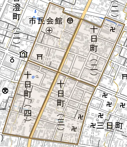 十日町とその周辺の地図。町の範囲を重ねている