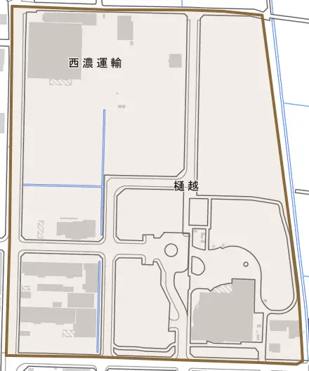 樋越とその周辺の地図。町の範囲を重ねている