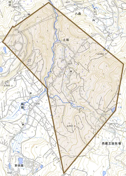 大字土坂とその周辺の地図。町の範囲を重ねている