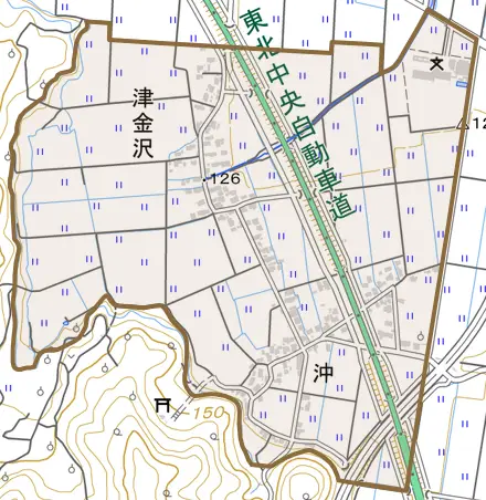 大字津金沢とその周辺の地図。町の範囲を重ねている