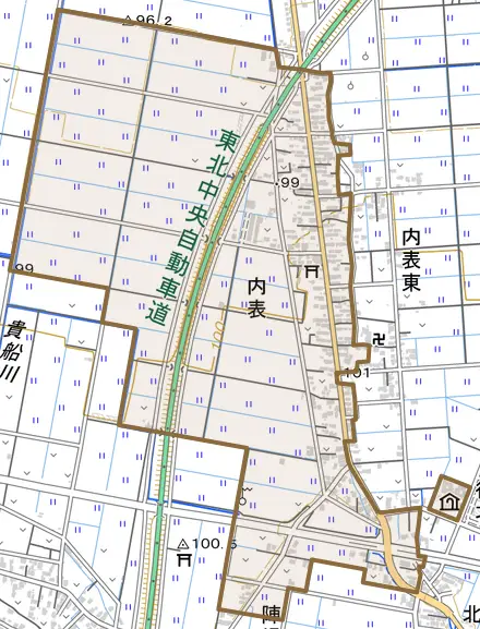 大字内表とその周辺の地図。町の範囲を重ねている