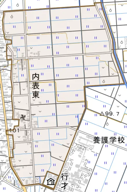内表東とその周辺の地図。町の範囲を重ねている