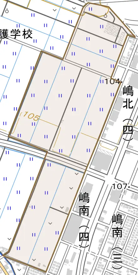 梅野木前とその周辺の地図。町の範囲を重ねている