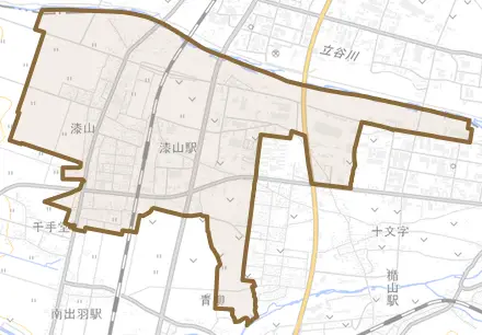 大字漆山とその周辺の地図。町の範囲を重ねている