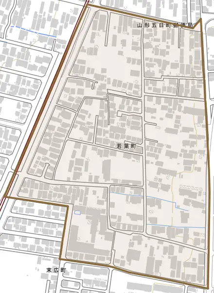 若葉町とその周辺の地図。町の範囲を重ねている