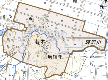 大字若木とその周辺の地図。町の範囲を重ねている