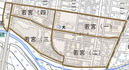 若宮とその周辺の地図。町の範囲を重ねている