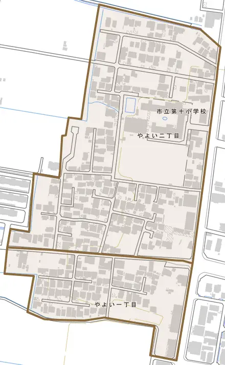 やよいとその周辺の地図。町の範囲を重ねている