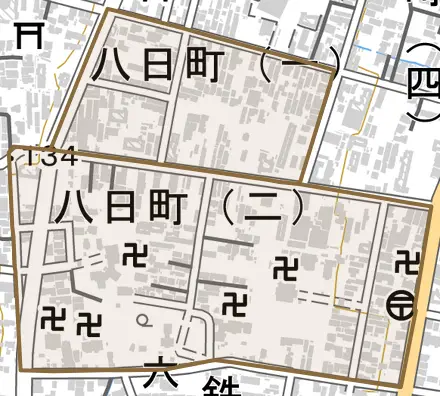 八日町とその周辺の地図。町の範囲を重ねている