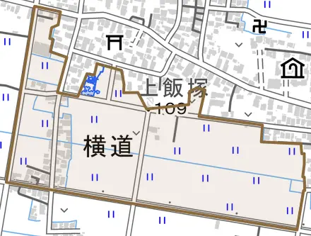 横道とその周辺の地図。町の範囲を重ねている