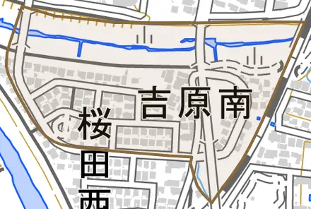 吉原南とその周辺の地図。町の範囲を重ねている
