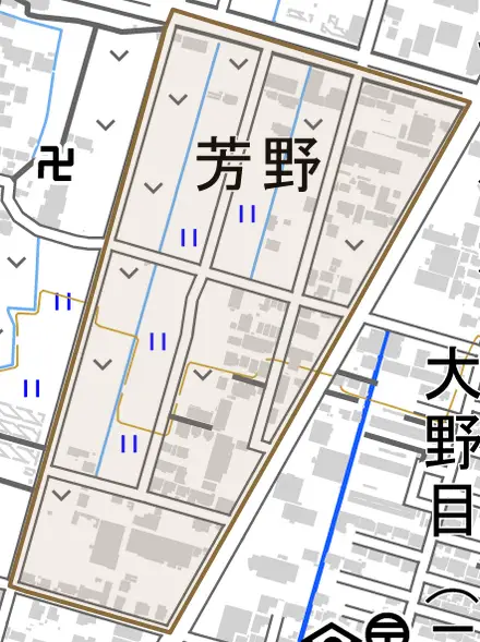 芳野とその周辺の地図。町の範囲を重ねている