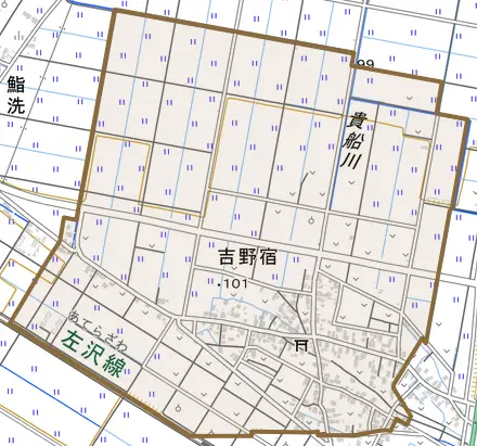 大字吉野宿とその周辺の地図。町の範囲を重ねている