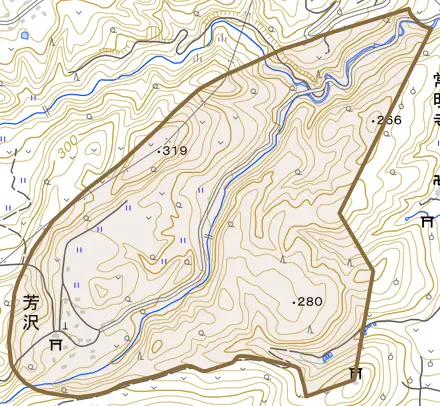 大字芳沢とその周辺の地図。町の範囲を重ねている