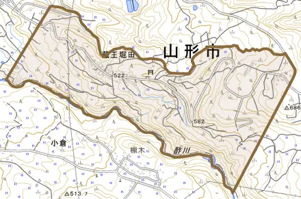 蔵王堀田とその周辺の地図。町の範囲を重ねている