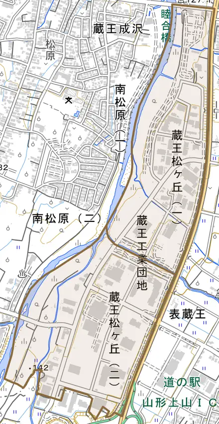 蔵王松ケ丘とその周辺の地図。町の範囲を重ねている