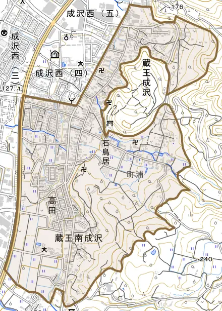 蔵王成沢とその周辺の地図。町の範囲を重ねている
