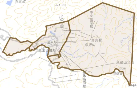 蔵王温泉とその周辺の地図。町の範囲を重ねている