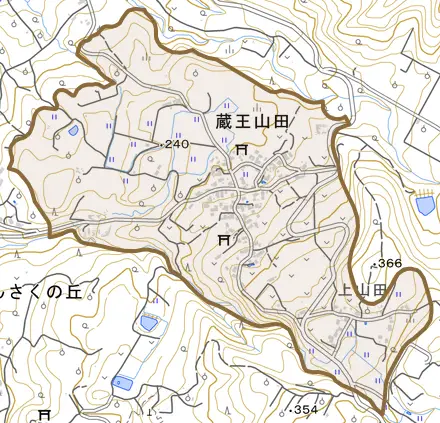 蔵王山田とその周辺の地図。町の範囲を重ねている