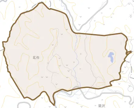 大字北作とその周辺の地図。町の範囲を重ねている