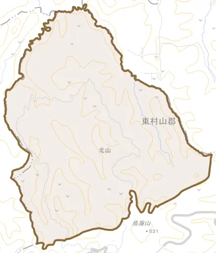 大字北山とその周辺の地図。町の範囲を重ねている