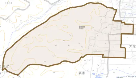 大字根際とその周辺の地図。町の範囲を重ねている