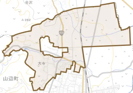 大字大寺とその周辺の地図。町の範囲を重ねている
