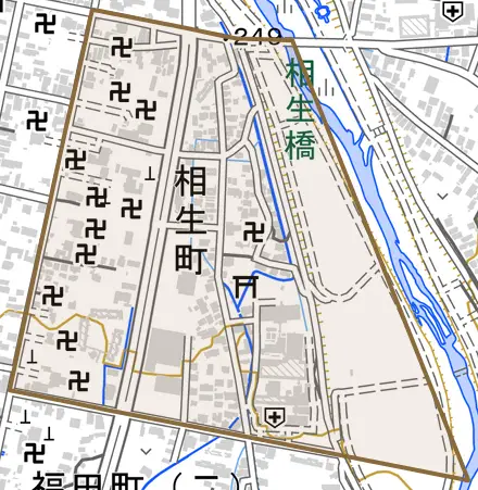 相生町とその周辺の地図。町の範囲を重ねている