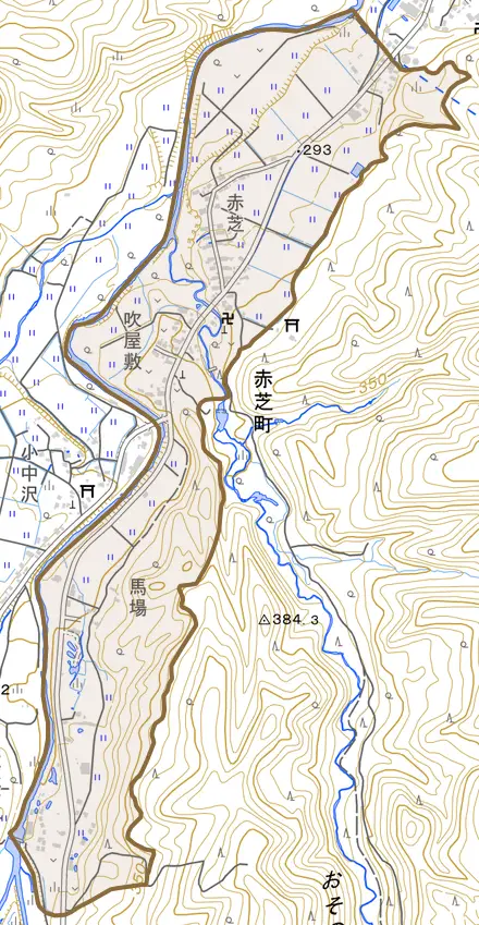 赤芝町とその周辺の地図。町の範囲を重ねている