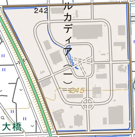アルカディアとその周辺の地図。町の範囲を重ねている