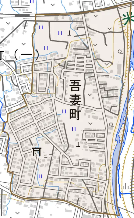 吾妻町とその周辺の地図。町の範囲を重ねている