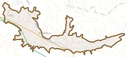 万世町梓山とその周辺の地図。町の範囲を重ねている