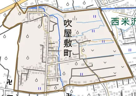 吹屋敷町とその周辺の地図。町の範囲を重ねている