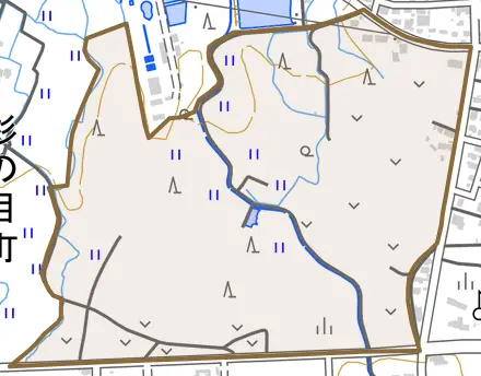 大字福田とその周辺の地図。町の範囲を重ねている