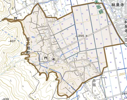 古志田町とその周辺の地図。町の範囲を重ねている