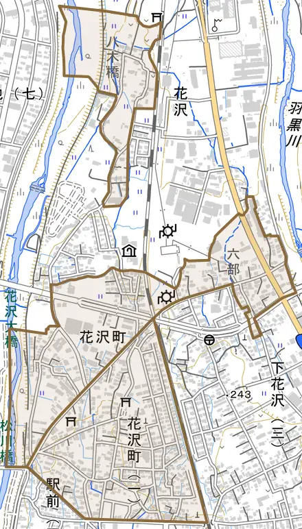 花沢町とその周辺の地図。町の範囲を重ねている