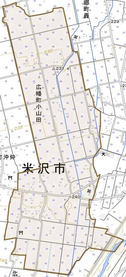 広幡町小山田とその周辺の地図。町の範囲を重ねている