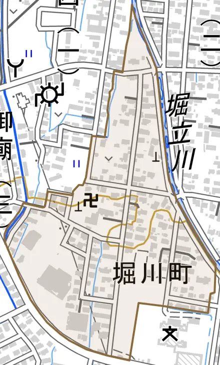 堀川町とその周辺の地図。町の範囲を重ねている