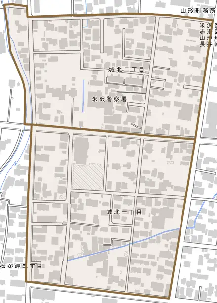 城北とその周辺の地図。町の範囲を重ねている