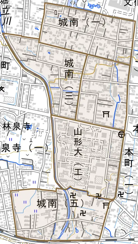 城南とその周辺の地図。町の範囲を重ねている