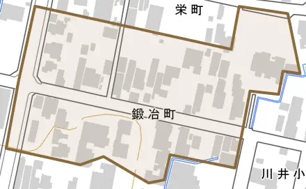 鍛冶町とその周辺の地図。町の範囲を重ねている