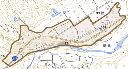 大字神原とその周辺の地図。町の範囲を重ねている